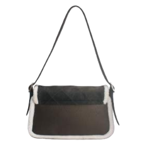 BORSA GREEN CAMOSCIO CON PELLICCIA BEIGE AI BORDI E SOLO TRACOLLA